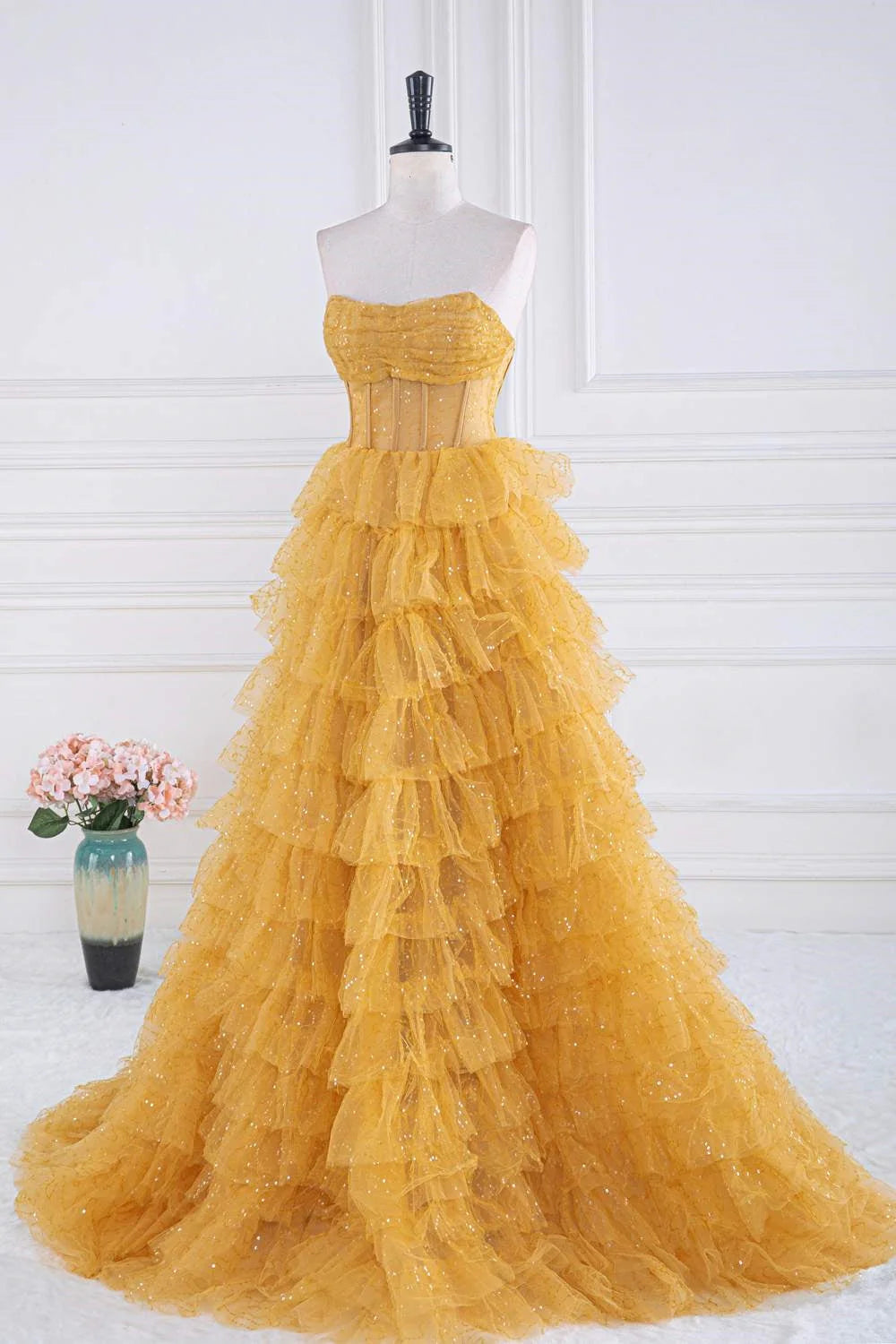 Gold Tiered Sweep/Brush Train Dresses Strapless Layered Long Prom Dress With Sequin Ruffle Beautiful