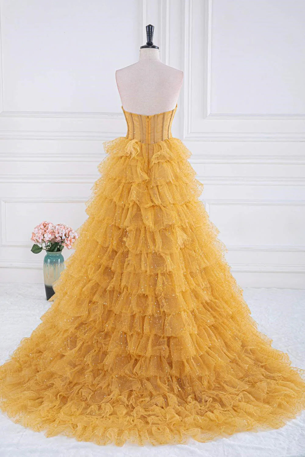 Gold Tiered Sweep/Brush Train Dresses Strapless Layered Long Prom Dress With Sequin Ruffle Beautiful