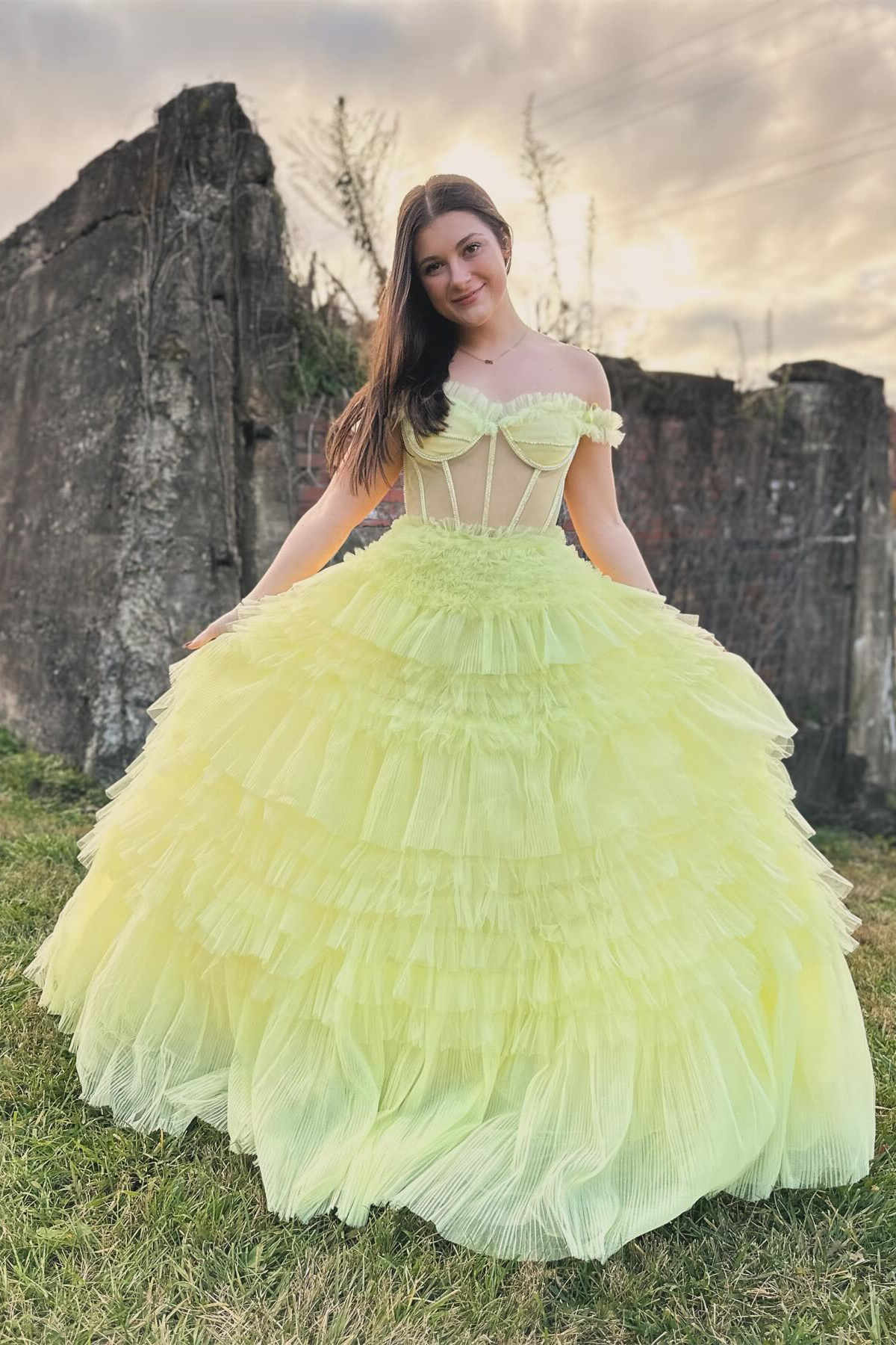 Yellow Tiered Ball Gown Off the Shoulder Ruffle Layered Prom Dress With Corset Beautiful