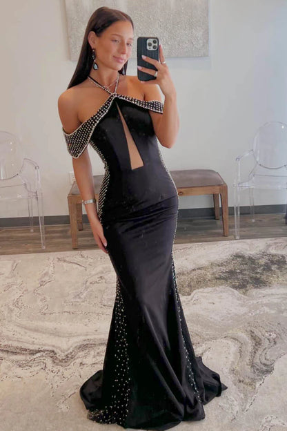 Sheath Mermaid Halter Black Off the Shoulder Beaded   Sweep/Brush Train Prom Dress