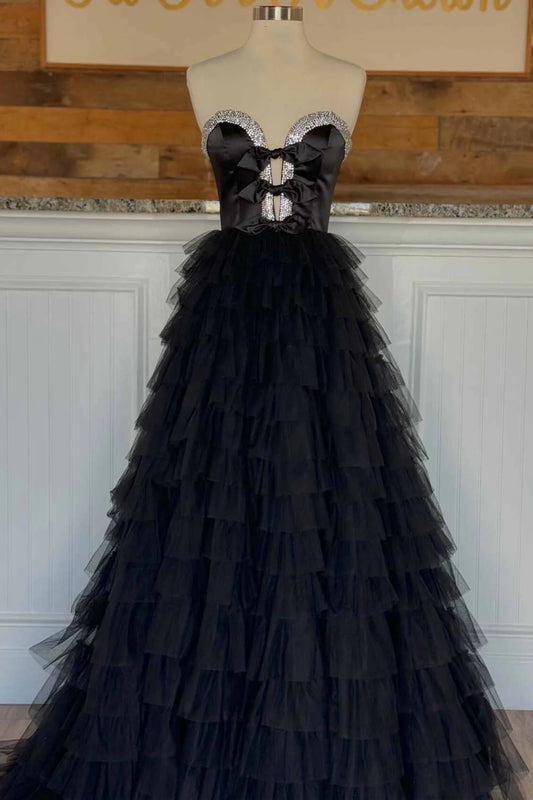 A-Line Black Strapless Tiered  Sweep/Brush Train Dresses  Long Prom Dress With Ruffles