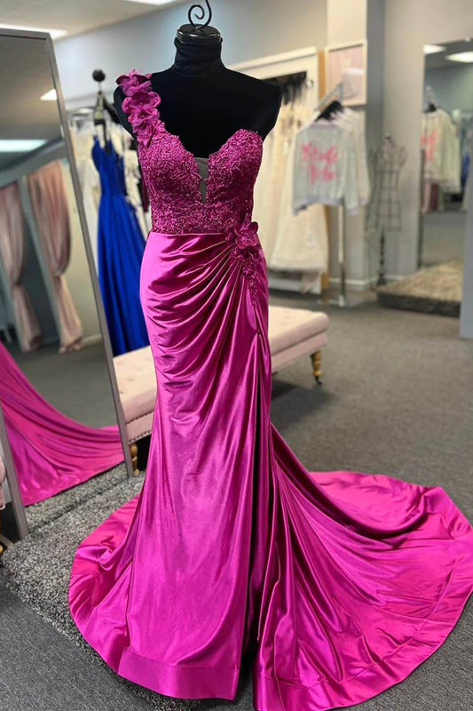 Sheath Royal Blue One Shoulder Sweep/Brush Train Dresses Fuchsia Ruched Long Prom Dress with 3D Flowers