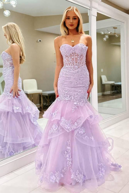 Sheath Mermaid  Sweep/Brush Train Dresses Ruffle Beaded Tiered Prom Dress With Lace Applique Beautiful