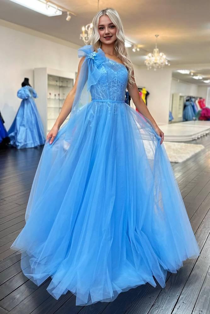 A-Line  One Shoulder Brush Train Dresses Lace Ruched Tulle Prom Dress with Shoulder Bow Beautiful