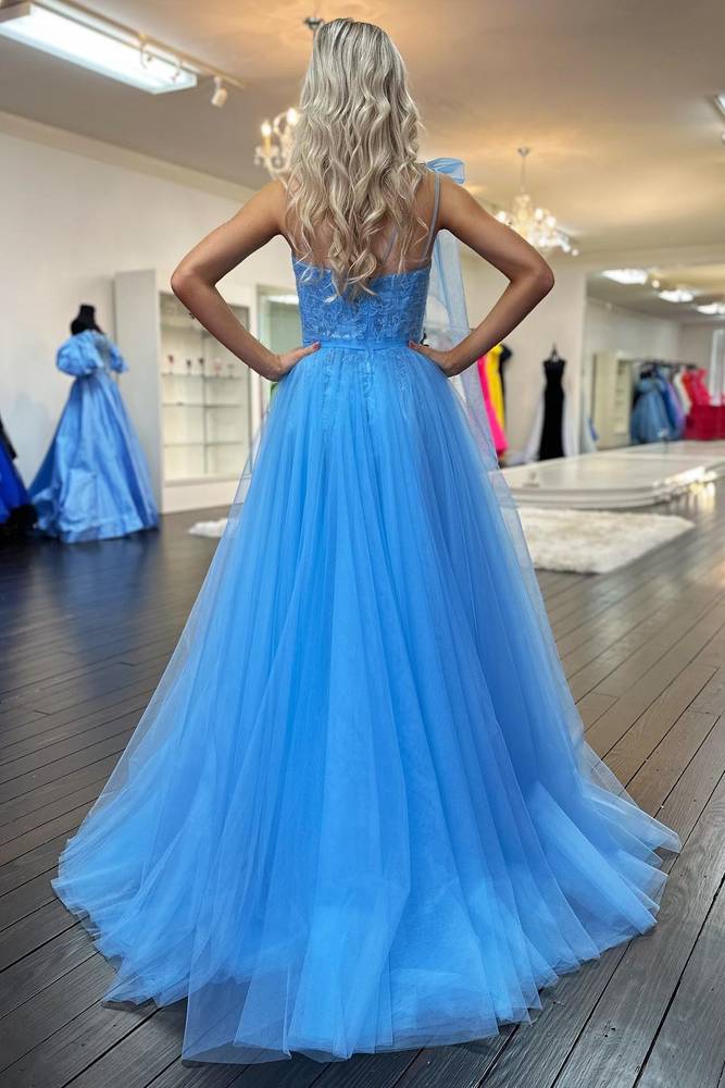 A-Line  One Shoulder Brush Train Dresses Lace Ruched Tulle Prom Dress with Shoulder Bow Beautiful