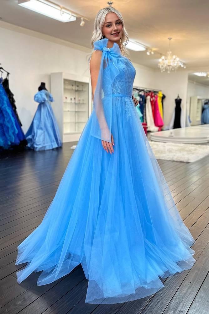 A-Line  One Shoulder Brush Train Dresses Lace Ruched Tulle Prom Dress with Shoulder Bow Beautiful