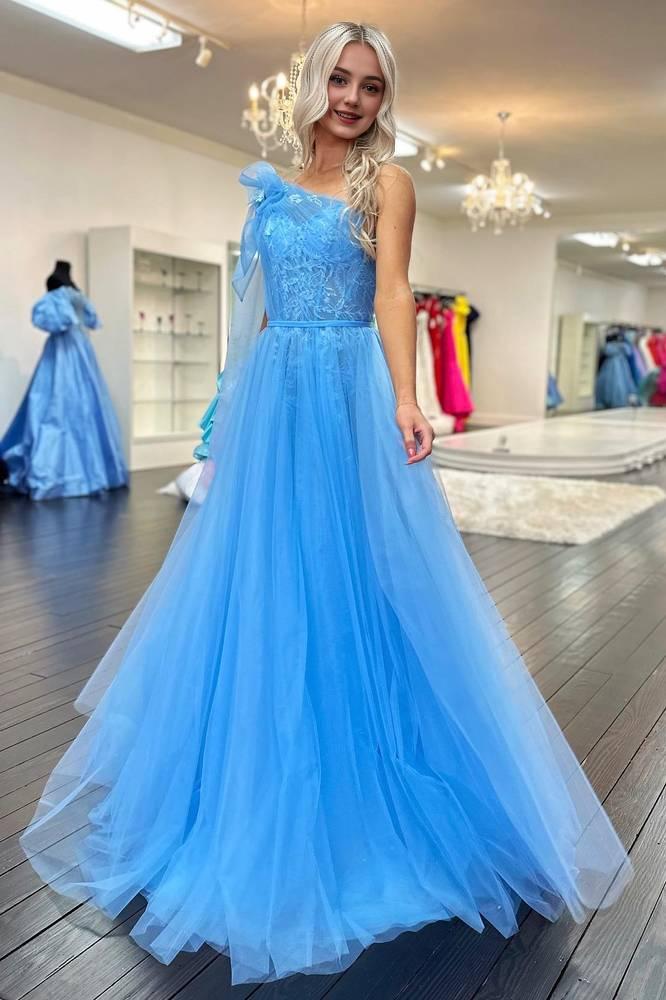 A-Line  One Shoulder Brush Train Dresses Lace Ruched Tulle Prom Dress with Shoulder Bow Beautiful