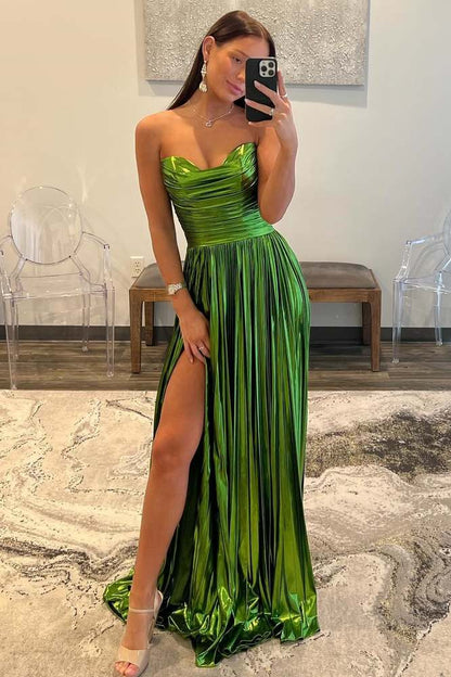 Sleek Glitter Sparking Strapless Metallic Pleated Long Prom Dress with Slit