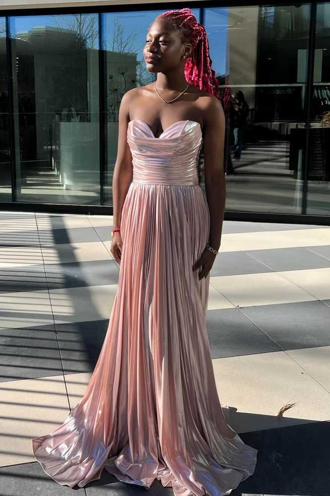 Sleek Glitter Sparking Strapless Metallic Pleated Long Prom Dress with Slit