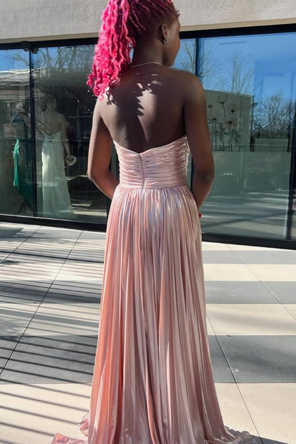 Sleek Glitter Sparking Strapless Metallic Pleated Long Prom Dress with Slit