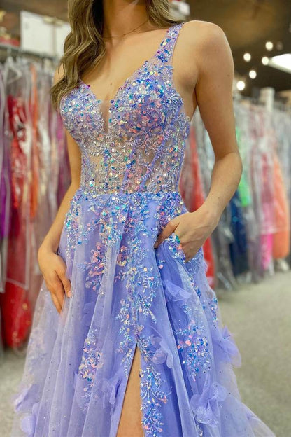 Sweep/Brush Train Dresses V-Neck Long Prom Dress Sequined Appliques Beautiful With Slit