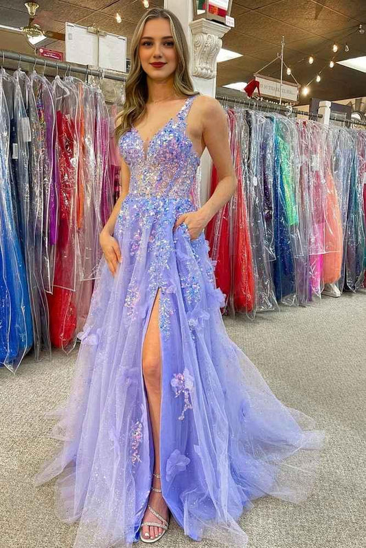 Sweep/Brush Train Dresses V-Neck Long Prom Dress Sequined Appliques Beautiful With Slit