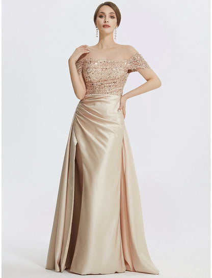 Sheath / Column Evening Gown Elegant Dress Formal Floor Length Short Sleeve Off Shoulder Sequined with Glitter Pleats Slit