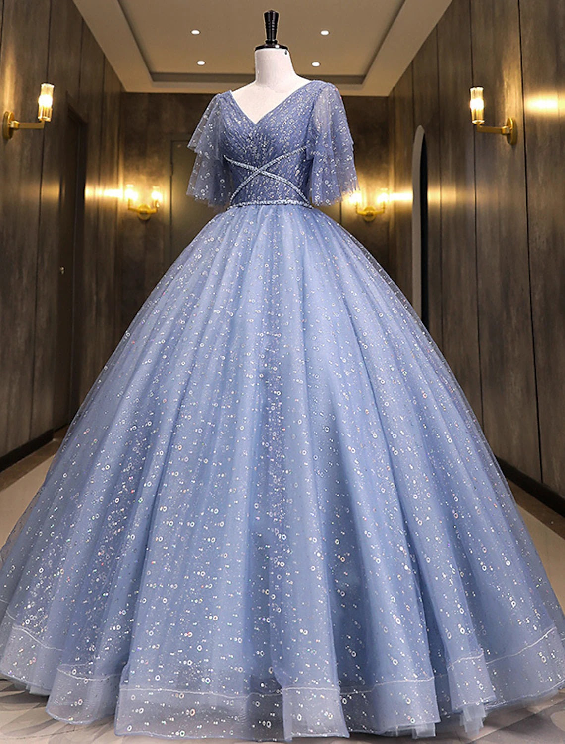 Ball Gown Quinceanera Dresses Princess Dress Quinceanera Floor Length Short Sleeve V Neck Polyester with Sequin