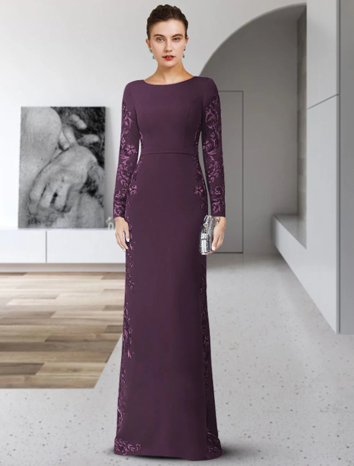 Sheath / Column Mother of the Bride Dress Formal Wedding Guest Elegant Party Scoop Neck Floor Length Chiffon Lace Long Sleeve with Sash / Ribbon Appliques