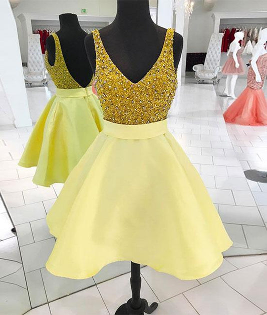 A Line Yellow Glitter Sparking Sequins Short Mini V Neck Homecoming Dresses Cocktail Dresses