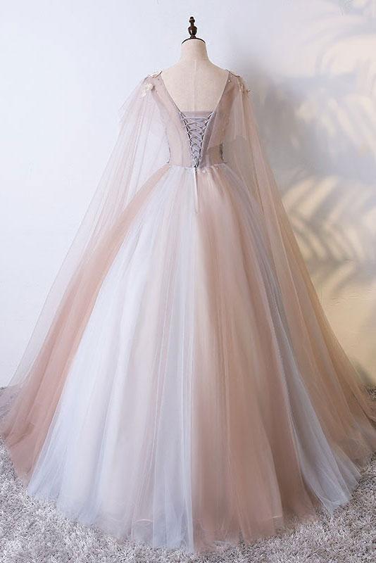 A-Line Off Shoulder V-Neck Tulle Long Prom Dress With Appliques