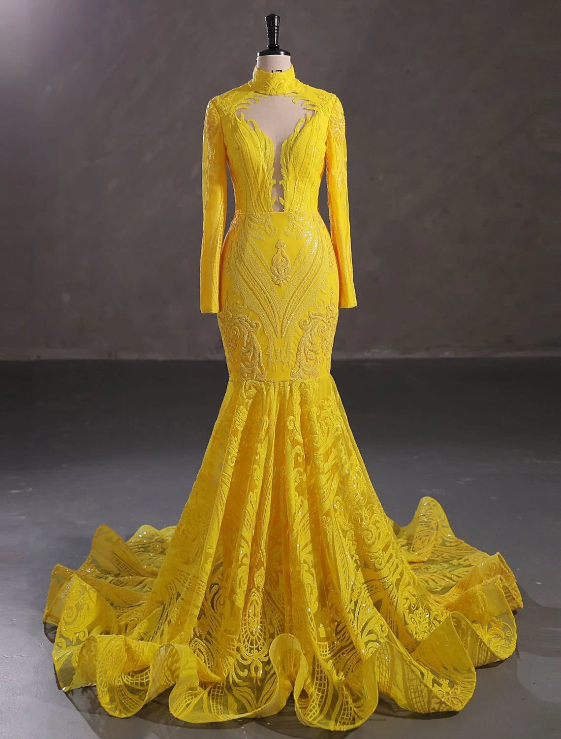 Mermaid Party Dress Evening Gown Sparkle & Shine Dress Carnival Christmas Red Green Dress Court Train Long Sleeve Stand Collar Lace with Sequin