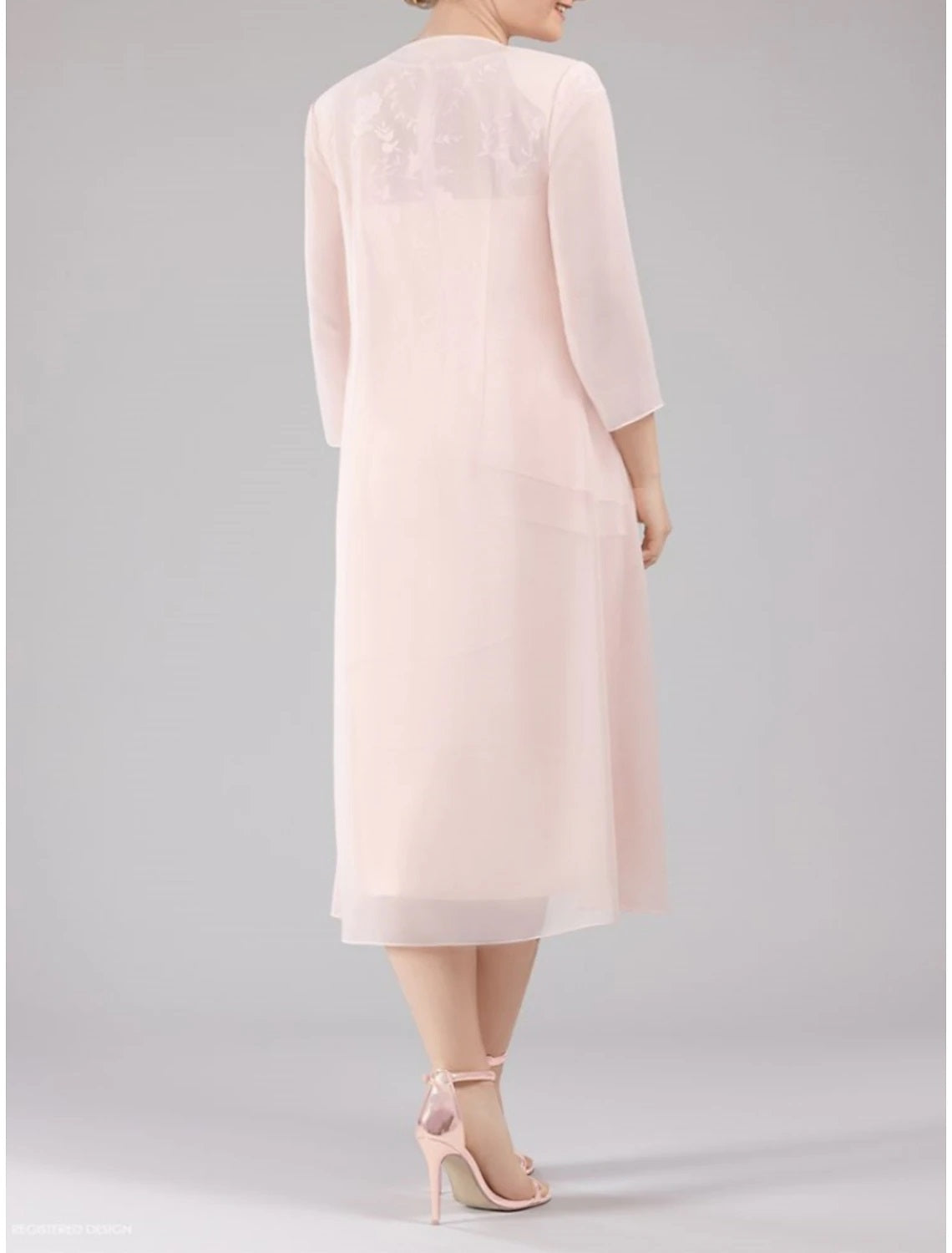 Sheath Petite Scoop Neck Tea Length  Wedding Guest  Chiffon 3/4 Length Sleeve Tiered  Mother of the Bride Dress