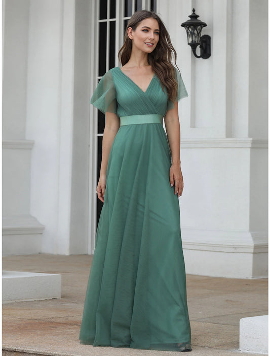 A-Line Evening Gown Empire Dress Wedding Guest Prom Floor Length Short Sleeve V Neck Bridesmaid Dress Chiffon V Back with Pleats Ruched