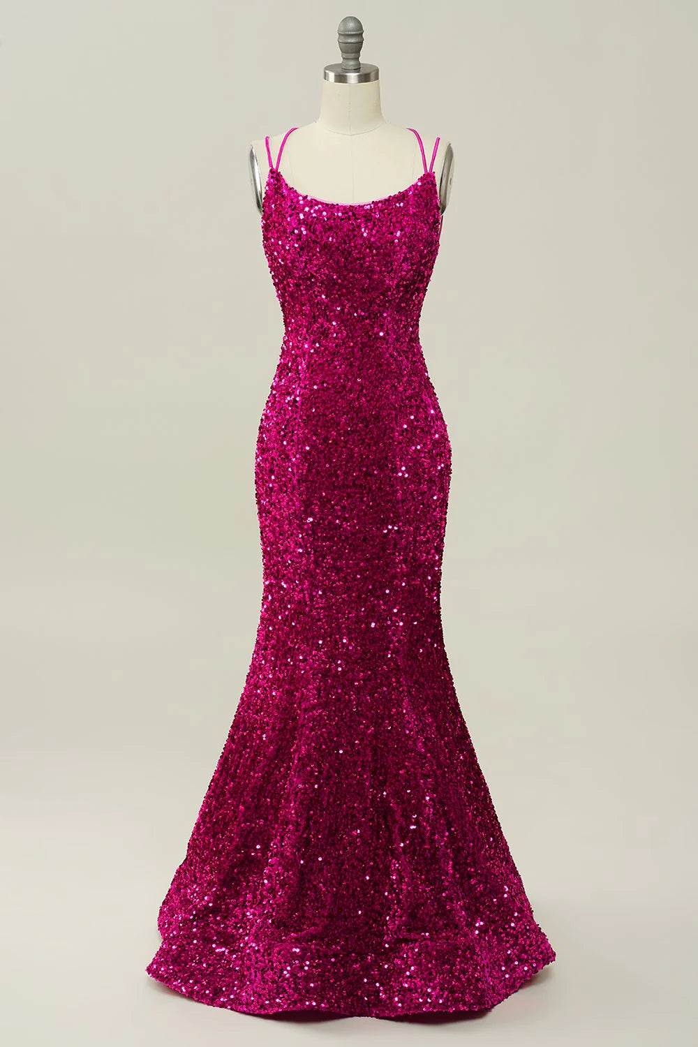 Mermaid Hot Pink Spaghetti Straps  Sleek Glitter Sparking Prom Dress with Sequins