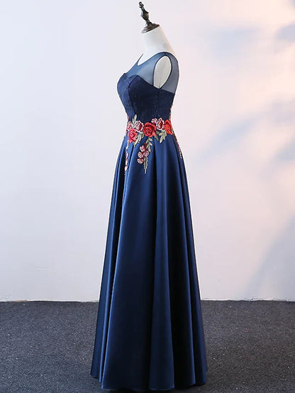 A-Line Evening Gown Elegant Dress Prom Floor Length Sleeveless Jewel Neck Satin with Embroidery Appliques  1 review $74.99