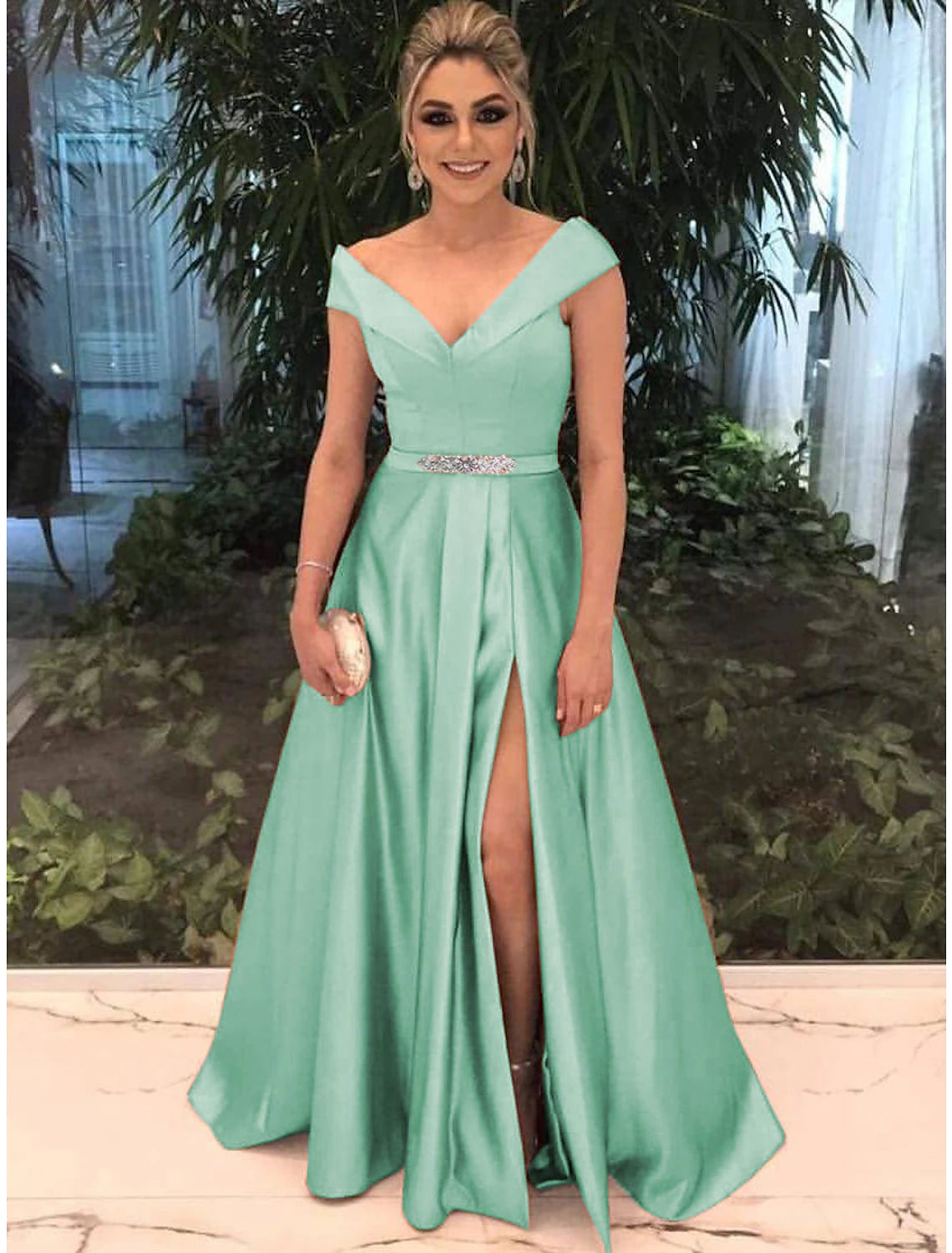 A-Line Evening Gown Elegant Dress Valentine's Day Prom Sweep / Brush Train Short Sleeve Off Shoulder Satin with Slit Front