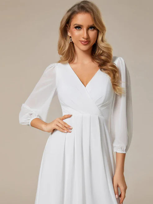 3/4 Sleeves Asymmetrical Hem A-Line Midi Wedding Guest Dress/Prom Dresses Party Dresses Wedding Guest Dresses