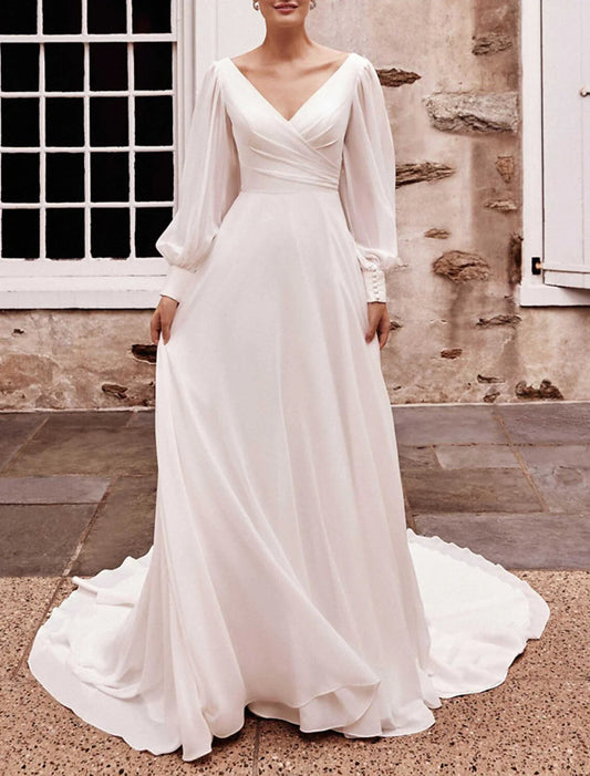 Hall Casual Wedding Dresses A-Line V Neck Long Sleeve Court Train Chiffon Bridal Gowns