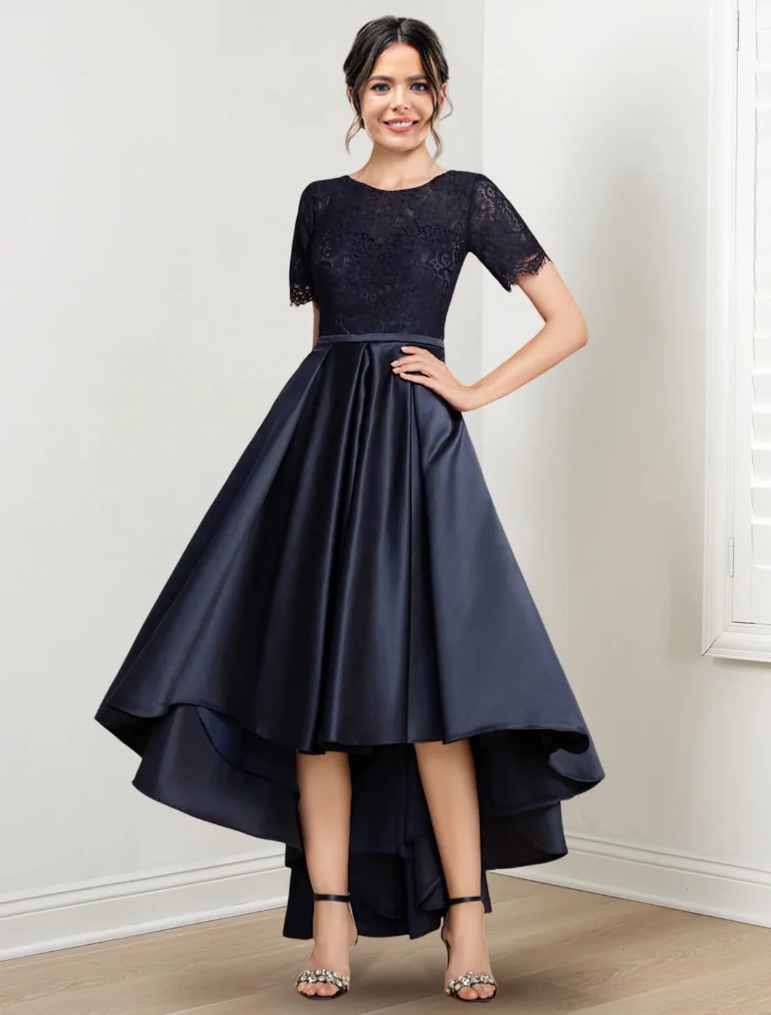 A-line/Princess Jewel Neck Asymmetric Mother of the bride dresses Dark Navy