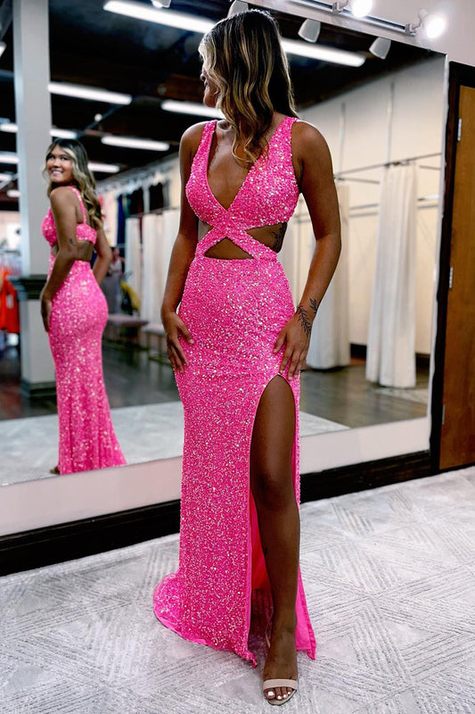 Hot Pink Sequins Hollow-Out Mermaid Prom Dress With Slit Sexy