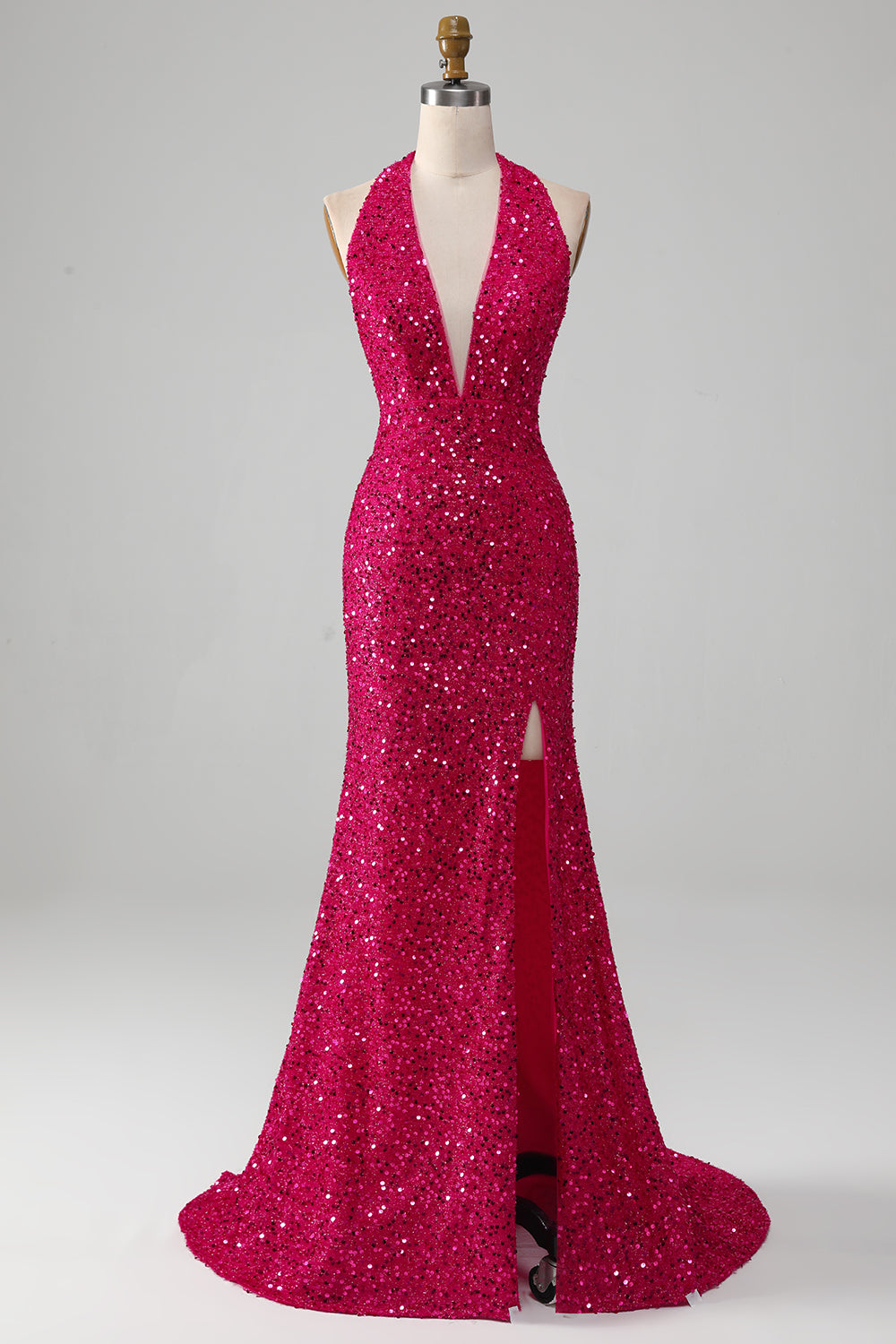 Fuchsia Mermaid Halter Sequin Prom Dress With Slit V-neck Sexy Sparkly Evening Dress