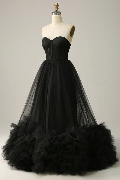 A Line Strapless Black Corset Prom Dress with Ruffles