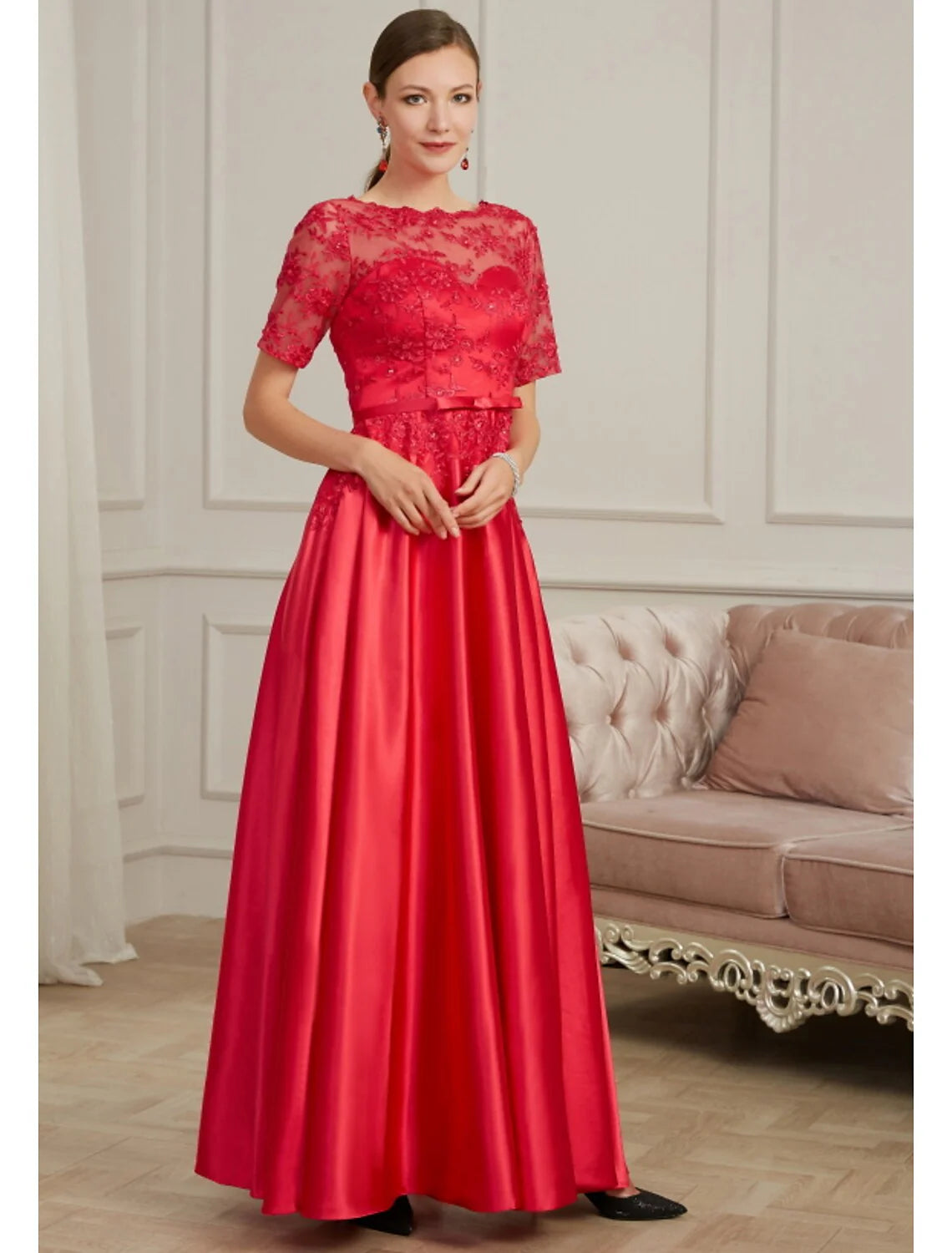 A-Line Evening Gown Elegant Dress Wedding Guest Floor Length Short Sleeve Jewel Neck Polyester with Pleats Beading Appliques