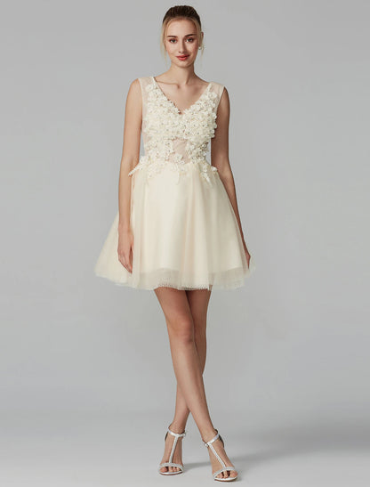 A-Line Party Dress Wedding Guest Homecoming Short / Mini Sleeveless V Neck Lace Over Tulle with Crystals Appliques