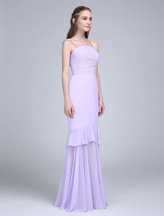 Fit & Flare Bridesmaid Dress Spaghetti Strap Sleeveless Elegant Floor Length Chiffon with Ruched Solid Color