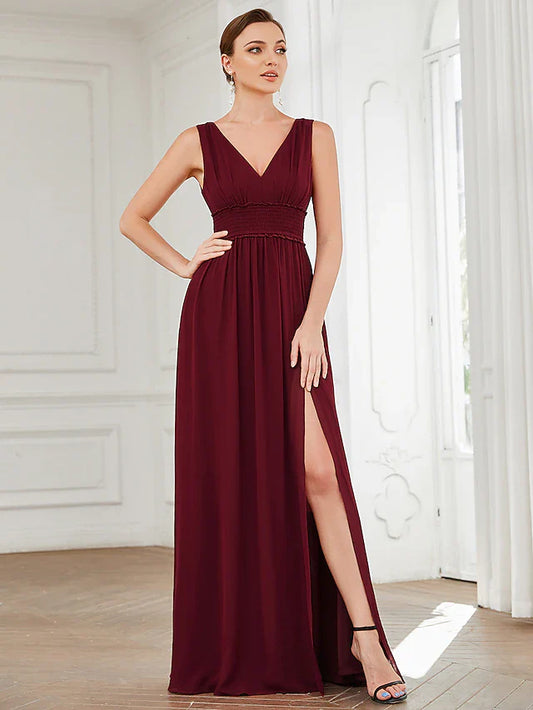 A-Line Evening Gown Minimalist Dress Wedding Guest Floor Length Sleeveless V Neck Chiffon with Pleats