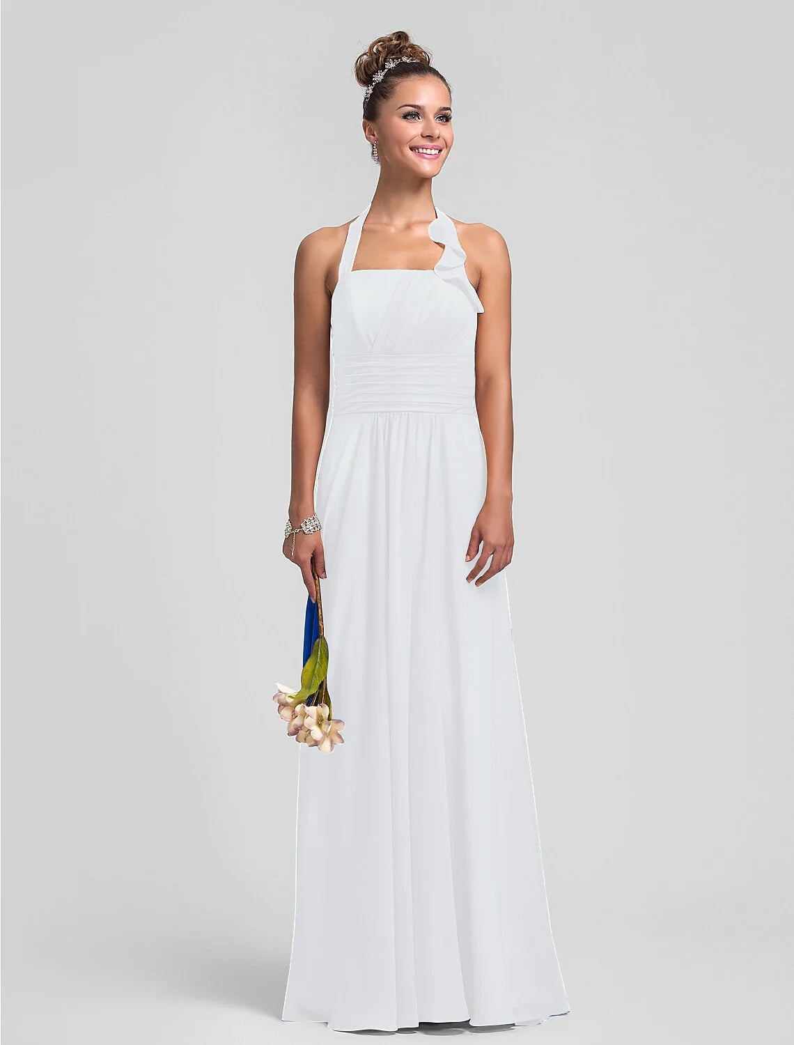 Sheath / Column Bridesmaid Dress Halter Neck Sleeveless Floor Length Chiffon with Pleats / Ruched / Ruffles