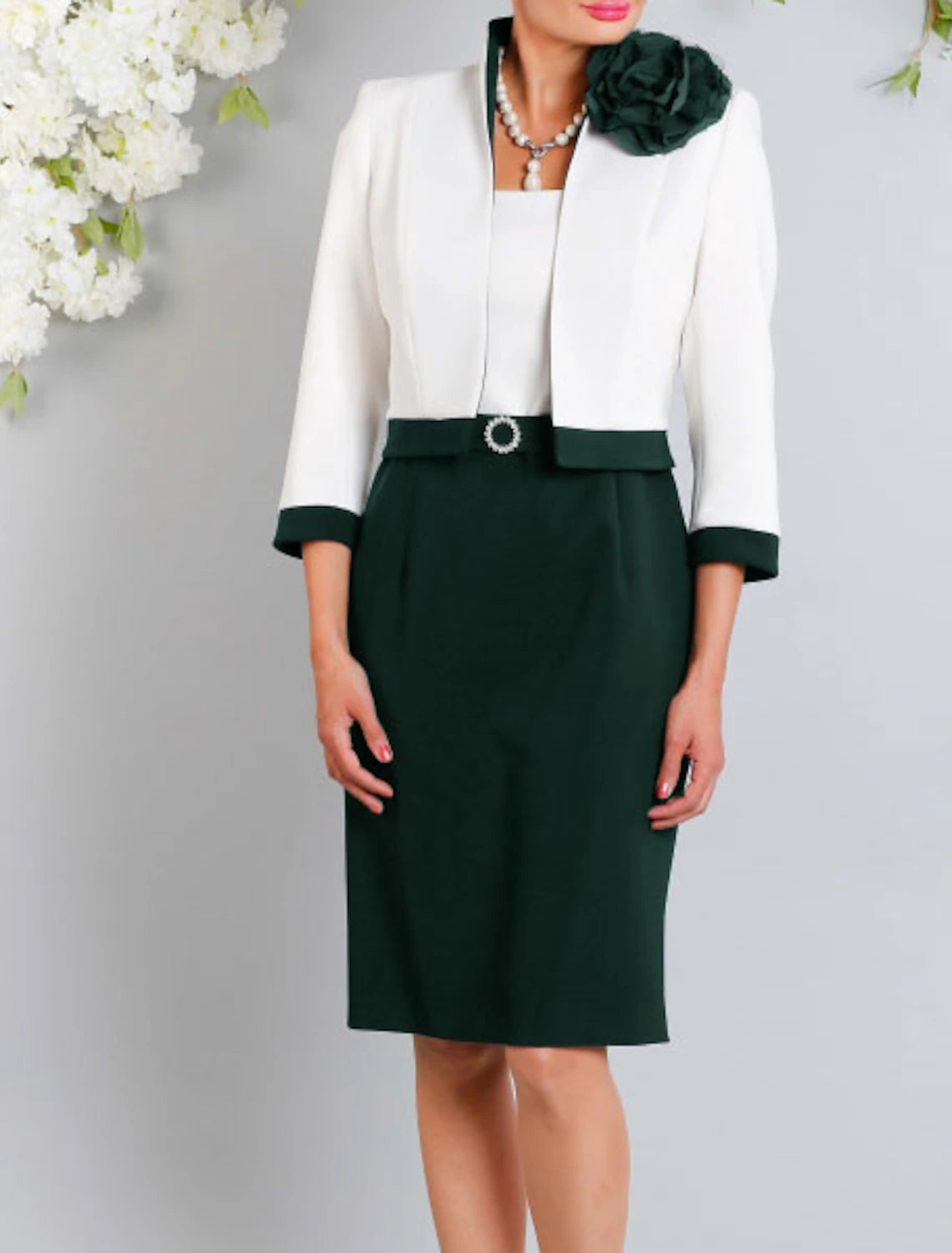 Sheath / Column Plus Size Jewel Neck Knee Length Jacket Dresses Stretch Satin Short Sleeve Wrap Included Short Mother of the Bride Dress with Shoulder Flower