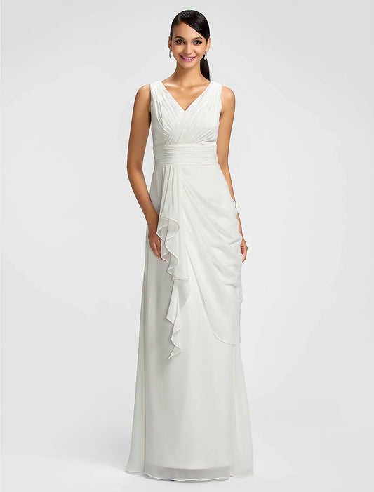 Sheath / Column V Neck Floor Length Chiffon Bridesmaid Dress with Draping / Sash / Ribbon