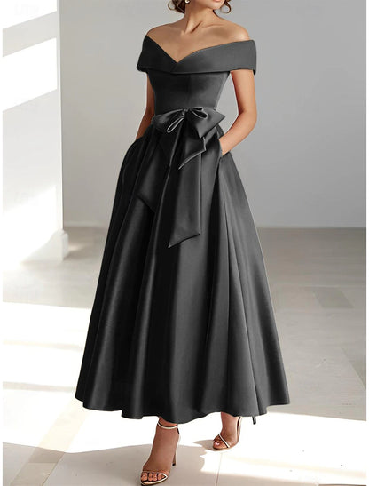 A-Line Cocktail Dresses Elegant Dress Wedding Guest Kentucky Derby Tea Length Short Sleeve Off Shoulder Pocket Satin with Bow(s)