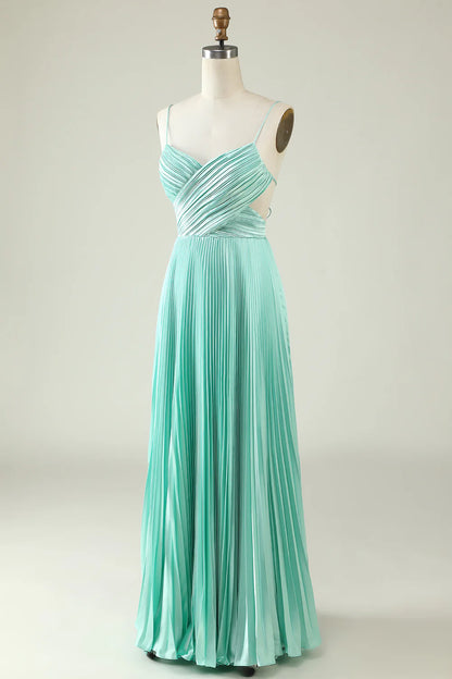 Spaghetti Straps Criss Cross Pleated Long Bridesmaid Dress