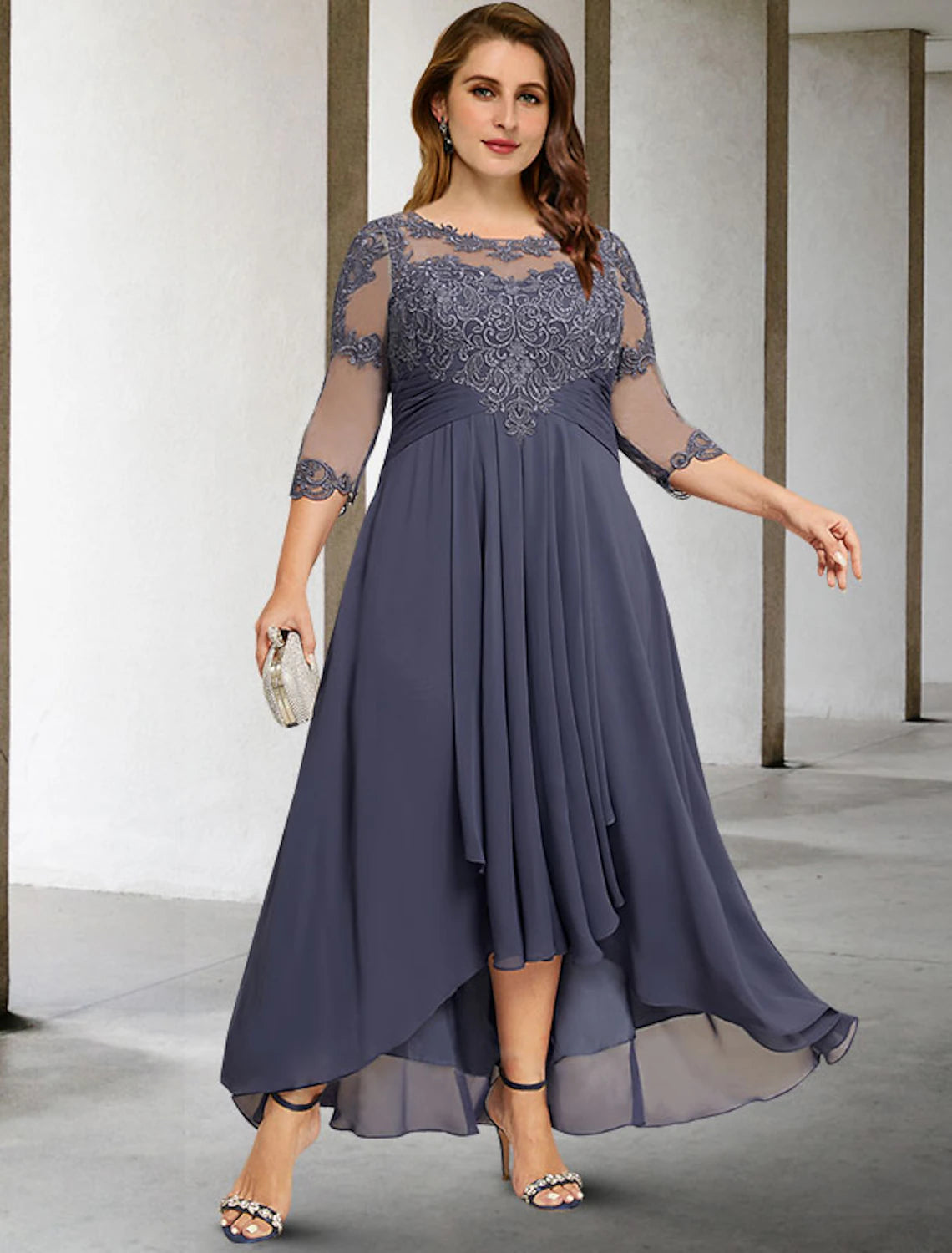A-Line Plus Size Curve Mother of the Bride Dresses Elegant Dress Formal Wedding Guest Asymmetrical 3/4 Length Sleeve Jewel Neck Chiffon with Pleats Ruched Appliques