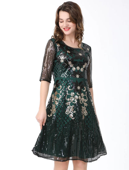 A-Line Cocktail Dresses Vintage Dress Holiday Knee Length Half Sleeve Jewel Neck Cotton Blend with Sequin Splicing