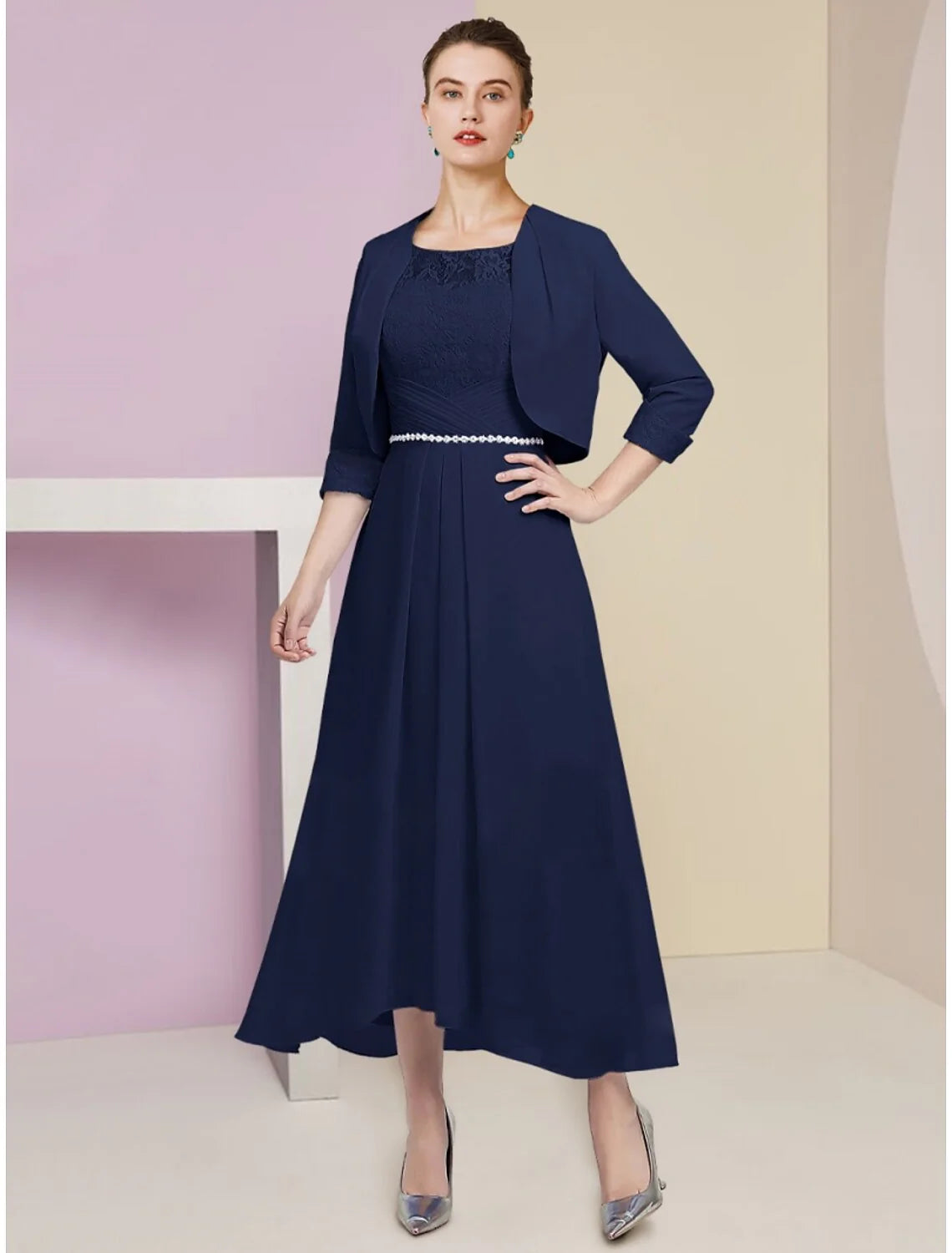 A-Line Mother of the Bride Dress Wedding Guest Elegant Scoop Neck Ankle Length Stretch Chiffon Half Sleeve with Crystals Ruching