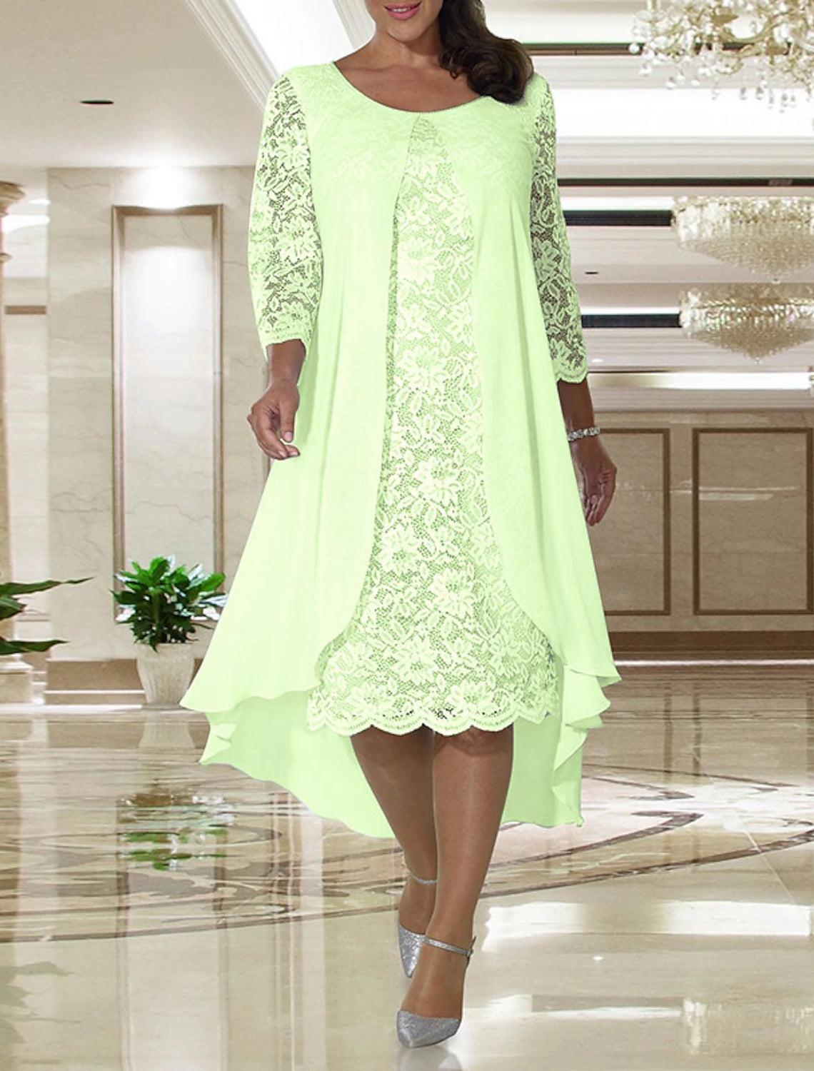 A-Line  Plus Size Jewel Neck Wedding Guest Dress Knee Length Chiffon Lace Long Sleeve Mother of the Bride Dress