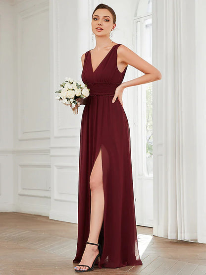 A-Line Evening Gown Minimalist Dress Wedding Guest Floor Length Sleeveless V Neck Chiffon with Pleats