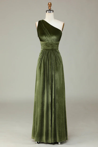 Olive Velvet One Shoulder Olive Long Bridesmaid Dress