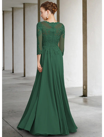 A-Line Mother of the Bride Dress Elegant Jewel Neck Floor Length Chiffon Lace 3/4 Length Sleeve with Appliques