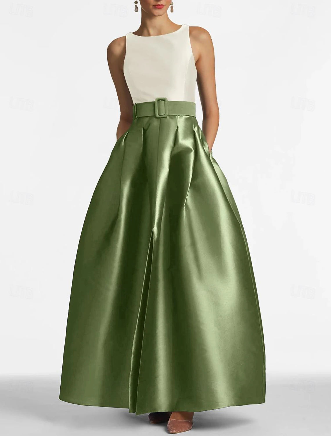 A-Line Wedding Guest Dress Dress Formal Floor Length Sleeveless Jewel Neck Belt / Sash Satin with Pleats Slit